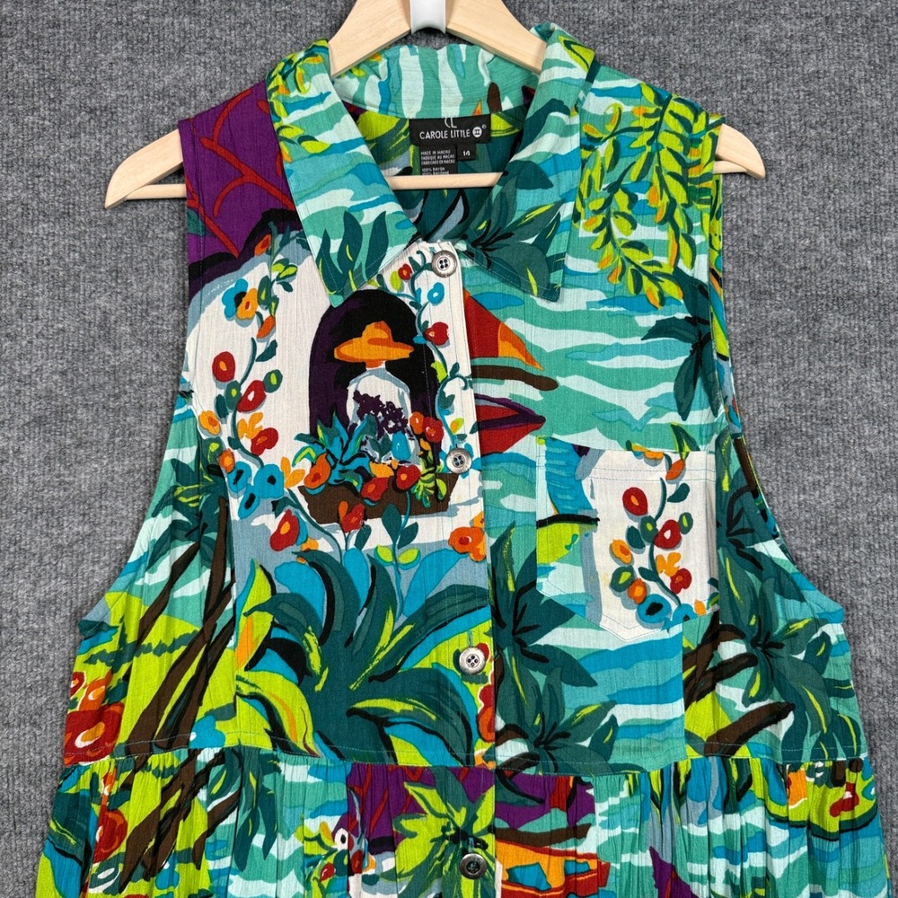 Vtg Carole Little‎ Size 14 Maxi Shirt Dress Green Tropical Button Front Vacation - Picture 3 of 9